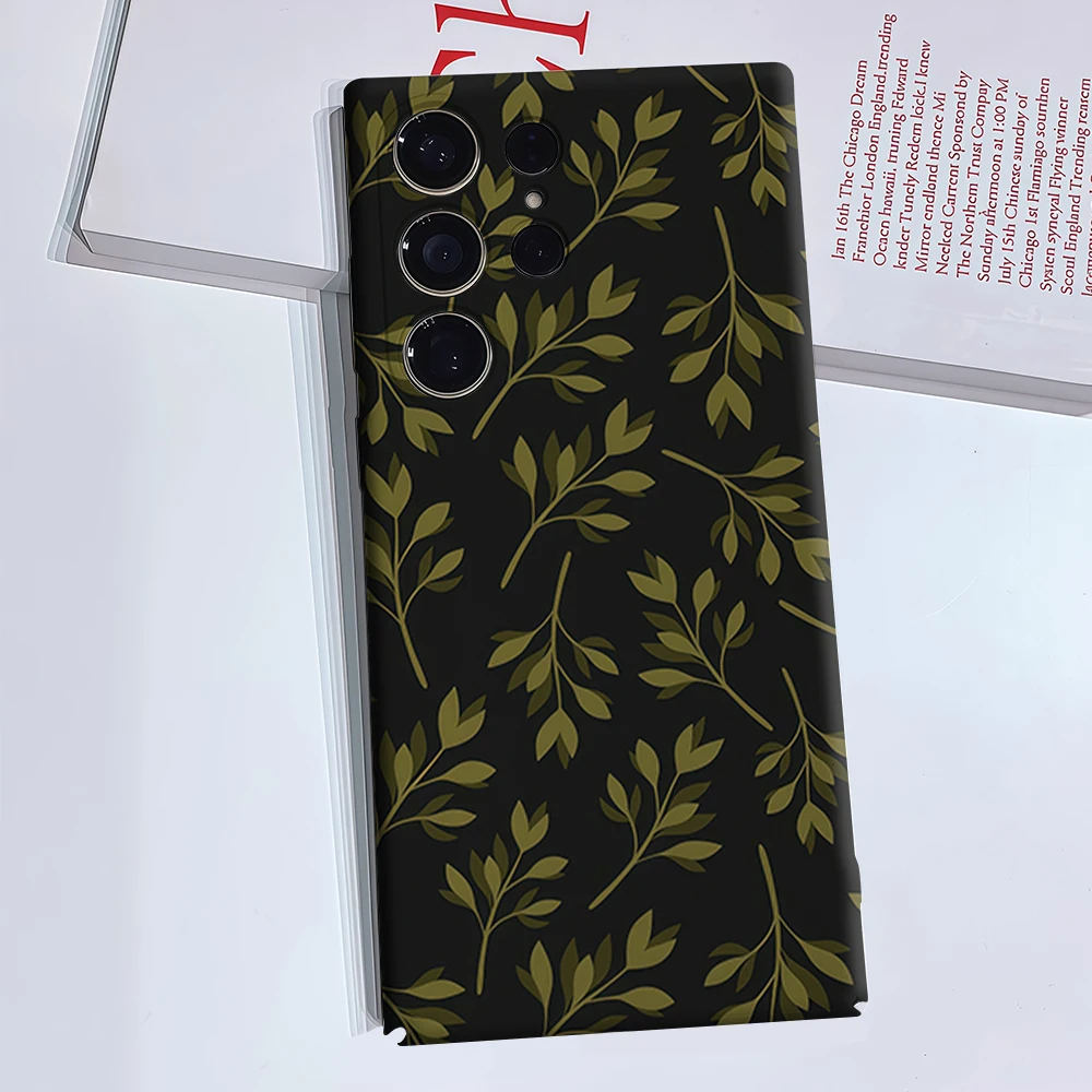 Olive Green Foliage on Black Phone Case for Samsung Galaxy S26 S25 Ultra S24 S23 Ultra Plus Glossy Double-layer Back Cover