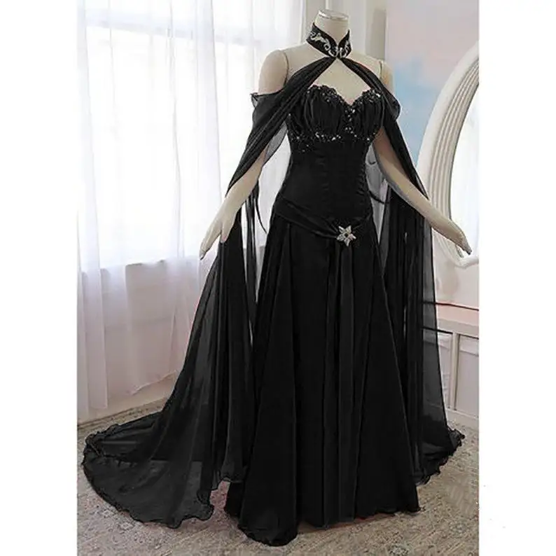 Vintage Medieval Evening Dress With Long Wrap Customized Black A Line Renaissance Victorian Gothic Prom Party Gown For Women