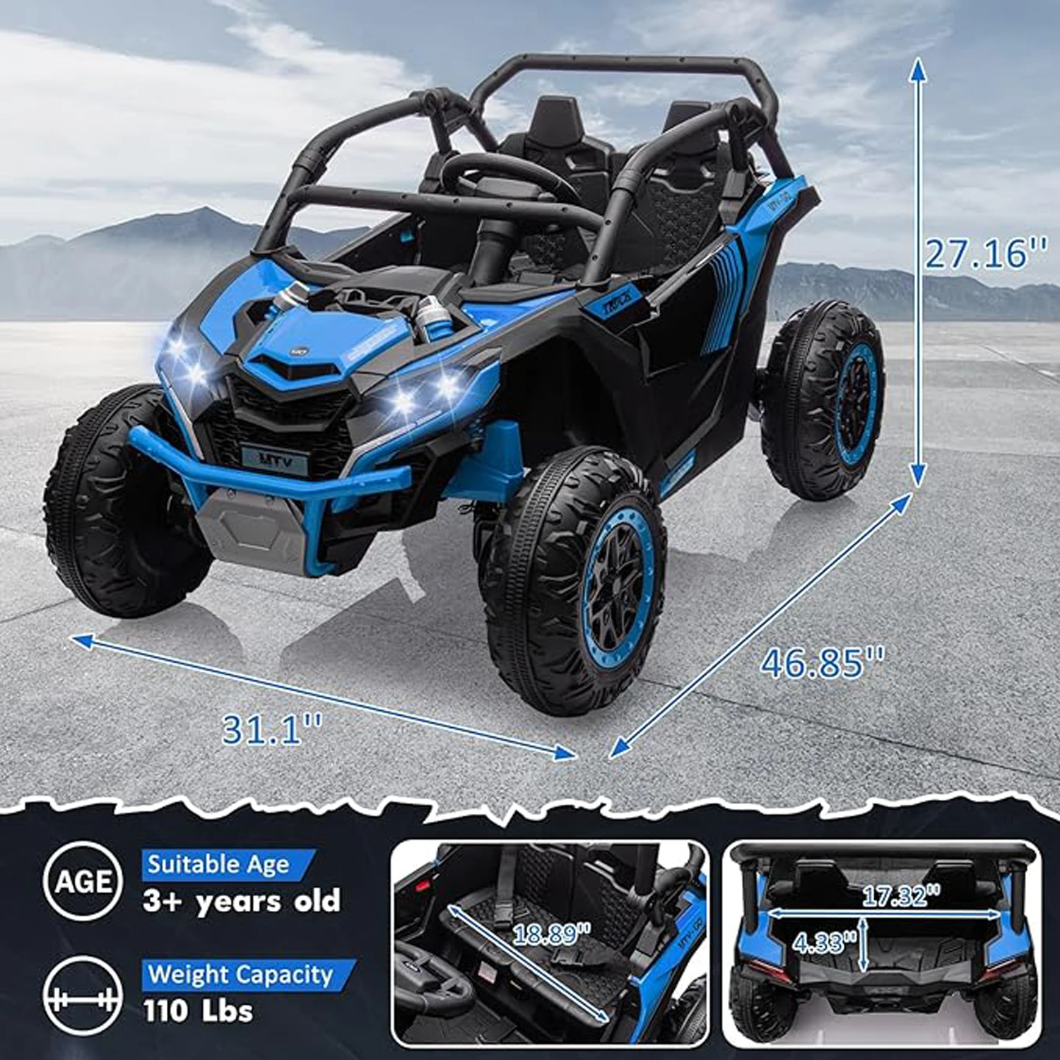 24V Kids Ride On Utv,2-Seater 4WD Off Road Electric Vehicle with Remote Control,Led Lights, 4 Shock Absorbers, One-Button Start