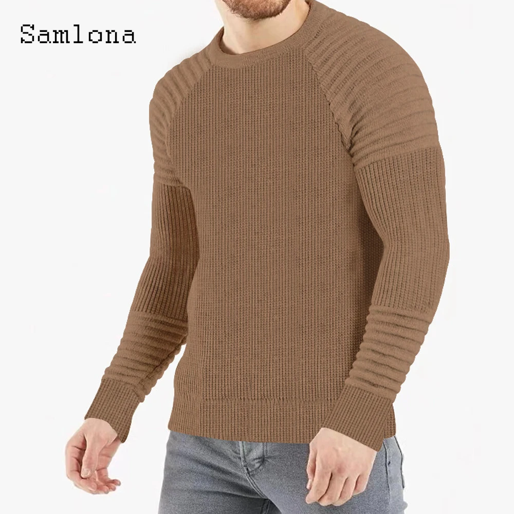 

Samlona Men Long-Sleeve Tops Knitwear Splice Casual Sweaters Men's Pullover O Neck Loose 2022 Autumn New knitting Pullovers