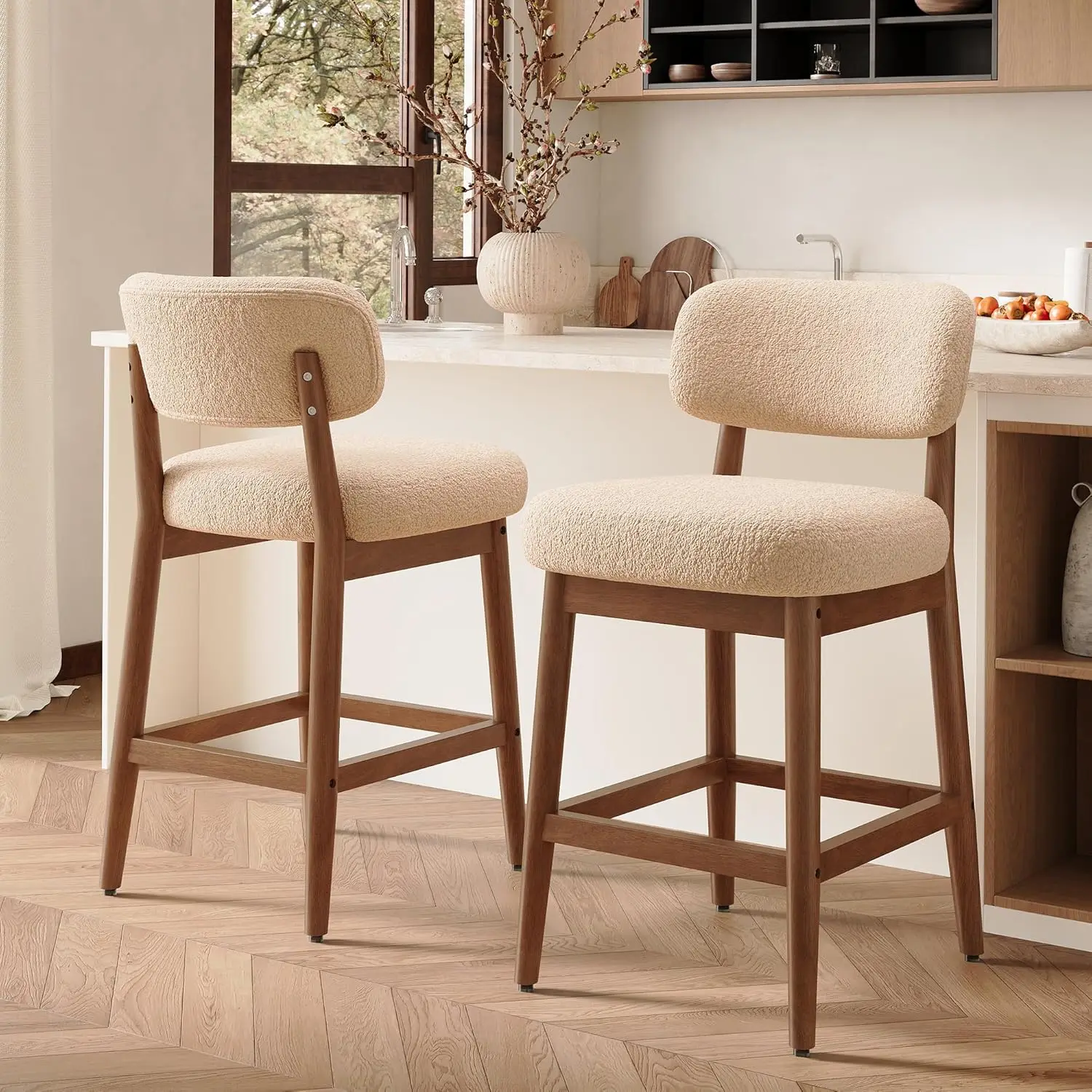 

Counter Height Bar Stools Set of 2, Mid-Century Modern Boucle Bar Chairs with Solid Wood Frame