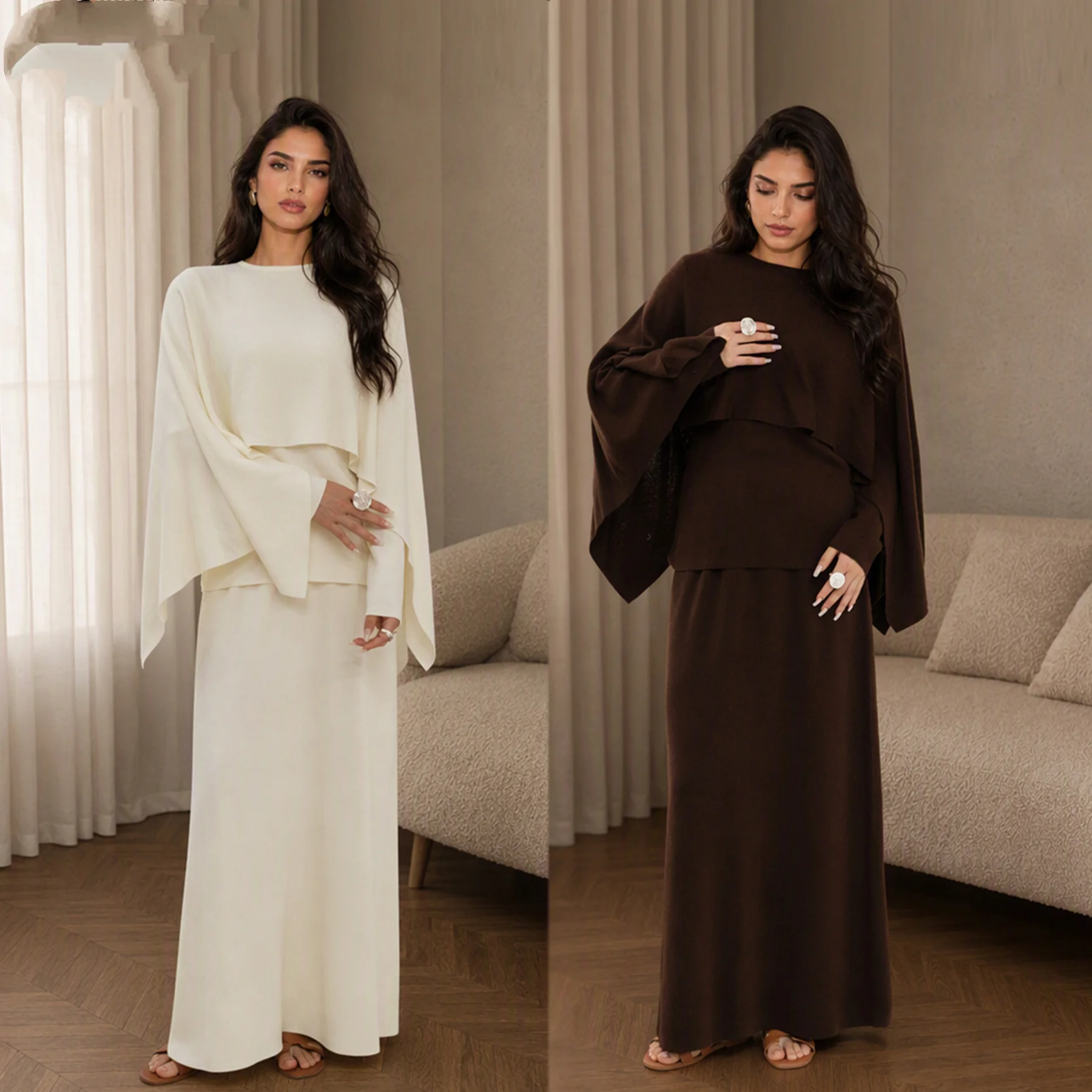 Women Fall Winter Knitted Cape Shawl And Midi Skirt 2pcs Set Elegant Loose Modest Two Piece Outfit Solid Knit Wrap Cape Skirt