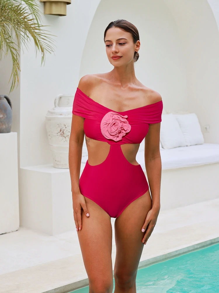 

2025 Sexy 3D Floral One Piece Swimsuit Set for Women with Cover up Push-Up Floral Bathing Suit Shoulder Summer Beachwear