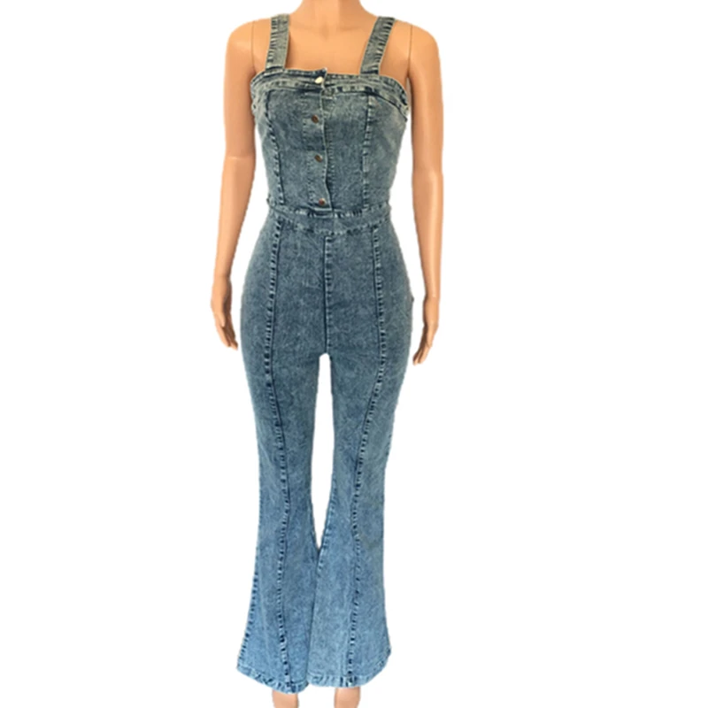 Slim Sleeveless Backless Wide Strap Buttons Elastic Cotton Long Denim Jumpsuits Women Jeans Overalls Woman Flare Pants One Piece