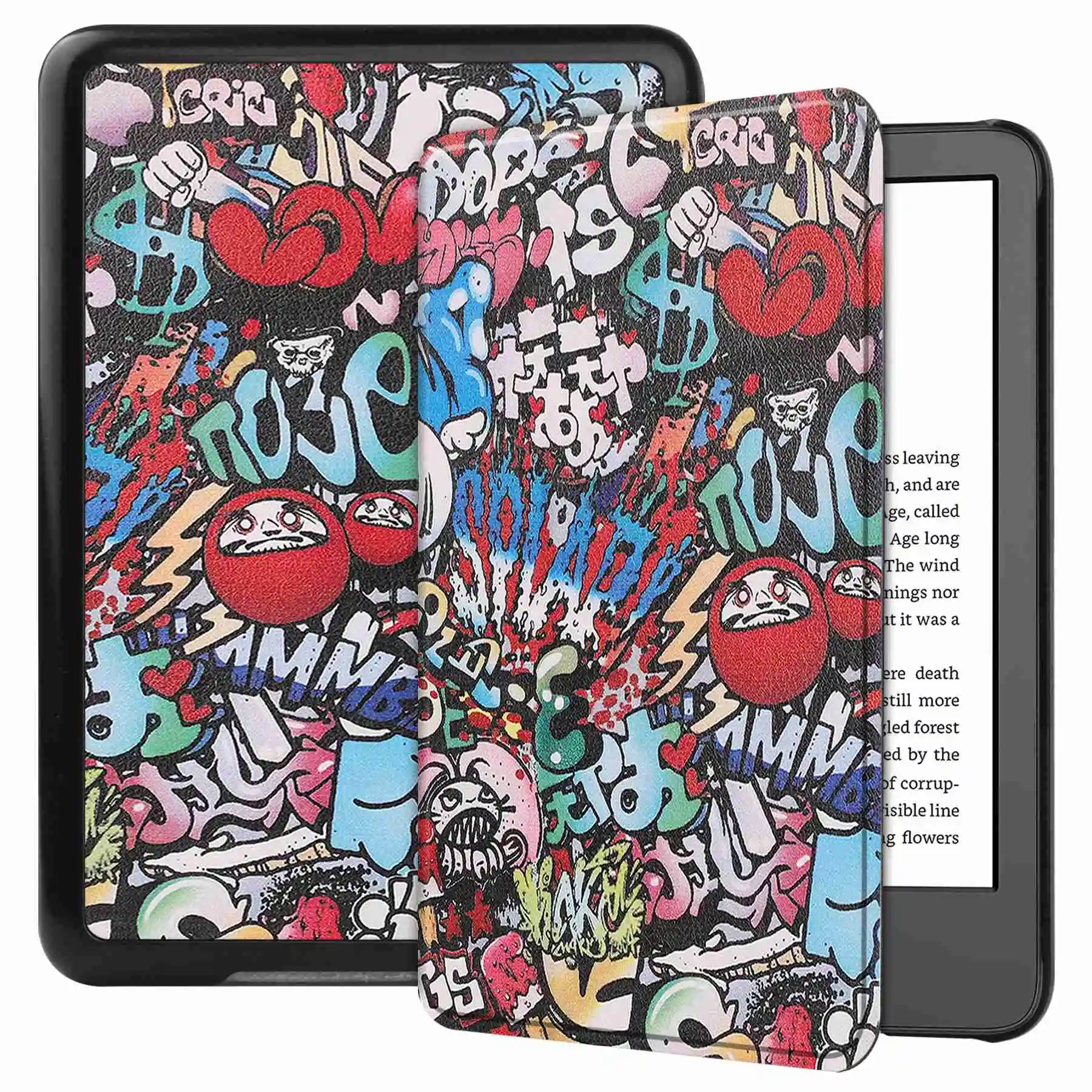 

For Amazon Kindle 6" (2022) PU Leather + PC Protective Case Pattern Printing Auto Sleep / Wake E-Reader Cover