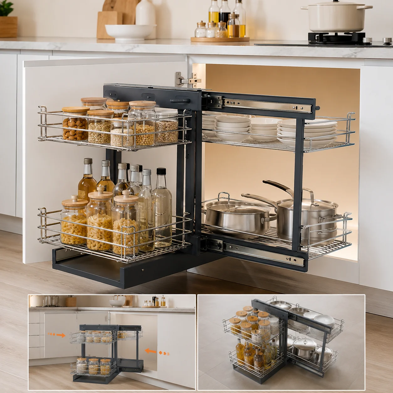 Custom Kitchen Corner Storage Cabinet Drawer Basket Stainless Steel Magic Corner Soft Close Pull Out Blind Corner Cabinet Organi