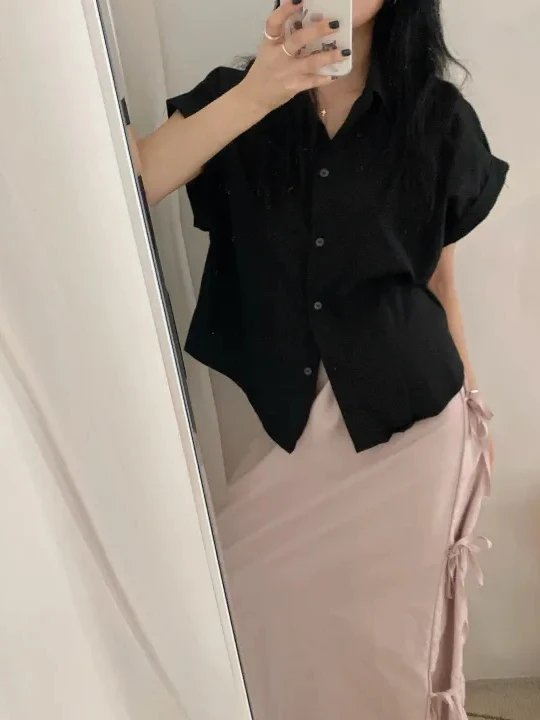 

Ele Summer Slim Fit ort Sve irt Women's Collar Button down Chic Vintage Design Sense Casual Commute Sle