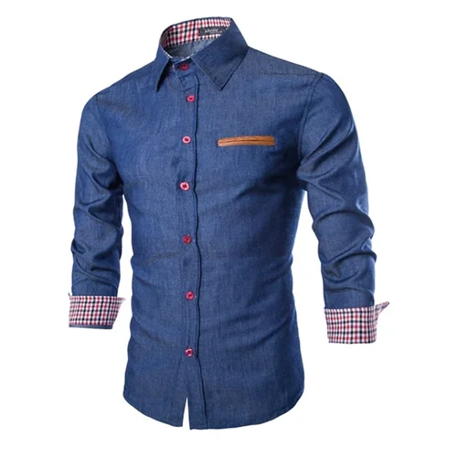 Imagen 1 del producto Camisas vaqueras para hombre 2025, camisa de vestir de manga larga para hombre, estilo ajustado a la moda, pantalones vaqueros azul marino, camisa para hombre, camisa de manga larga para hombre