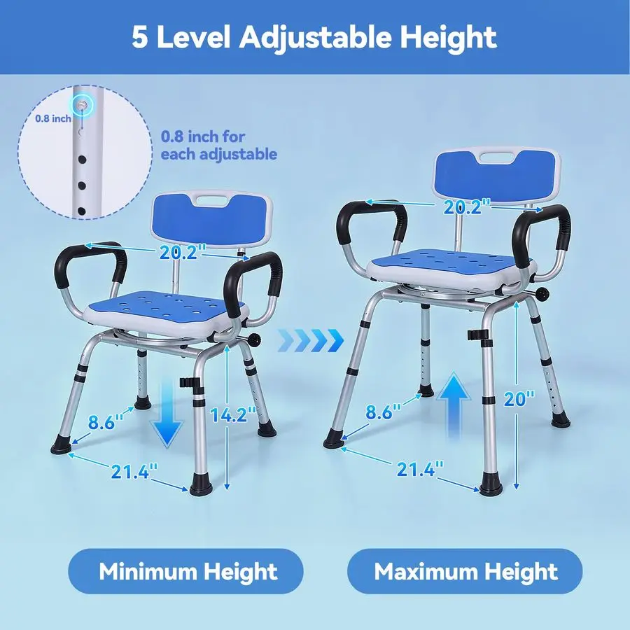 Shower Chair Heavy Duty Shower Chair for Elderly Disabled Injured Height Adjustable Shower Stool with Arms amp Back NonSlip Rota