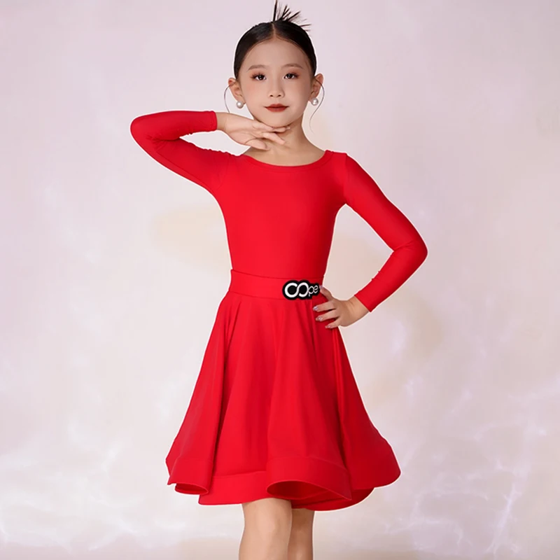 Rotes lateinamerikanisches Tanz-Wettbewerbskleid für Mädchen, professionelles Performance-Kostüm, Rundhalsausschnitt, lange Ärmel, Tanzanzug für Kinder, lateinamerikanisches Kleid 2031