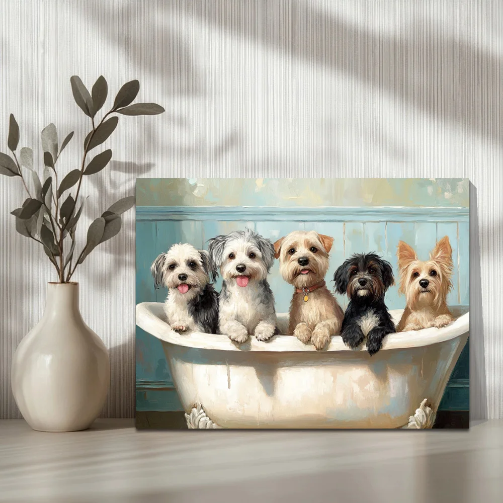 1pc,Five Different Breeds Of Dogs In A Vintage Bathtub A, Modern Canvas Wall Art, Holiday Gift, Framed, 16x12inch