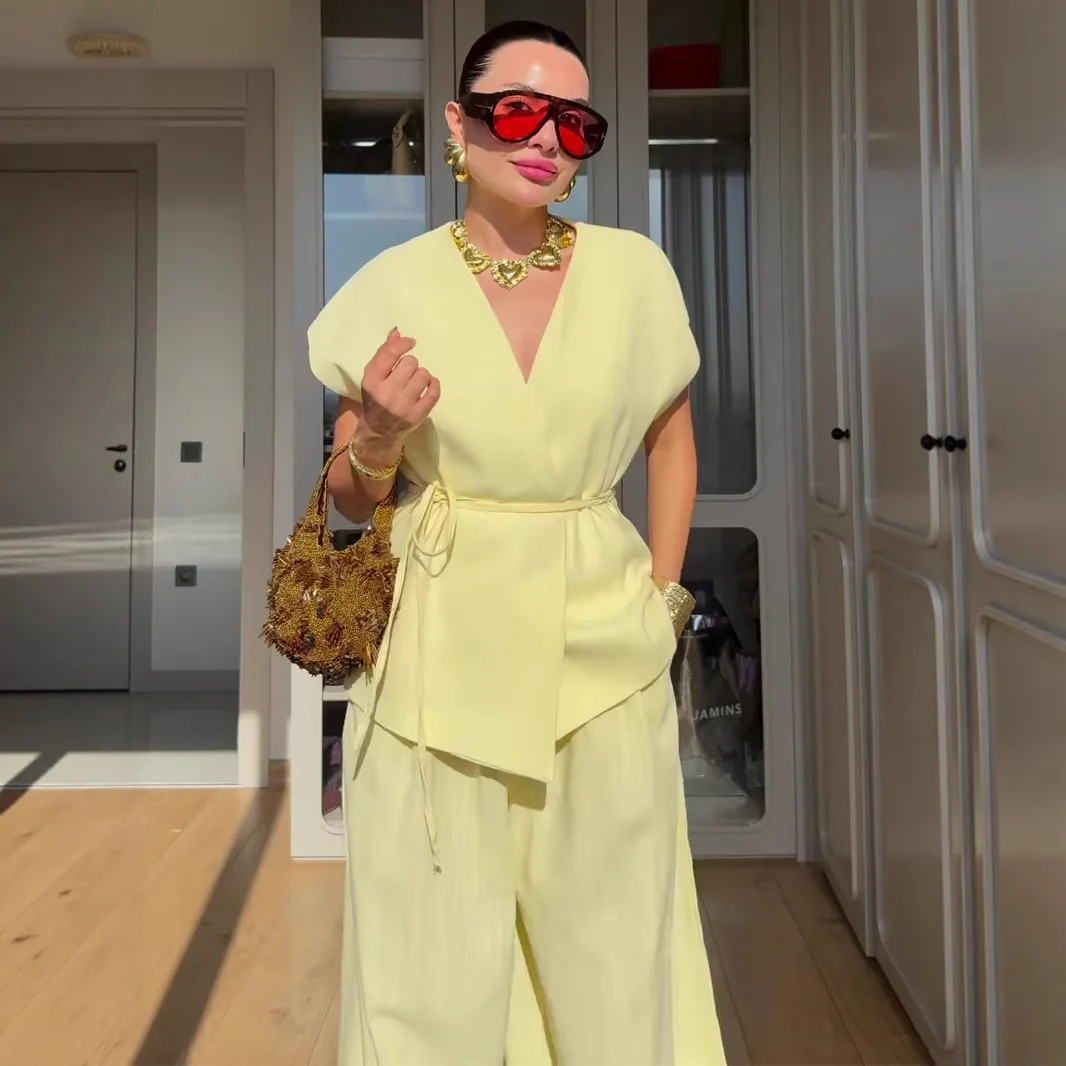 

2026 Summer New Fashion Casual Short Sleeve Sexy V-neck Long Pants Design Set Robe Abaya Ramadan Dubai Luxury Islam Elegant