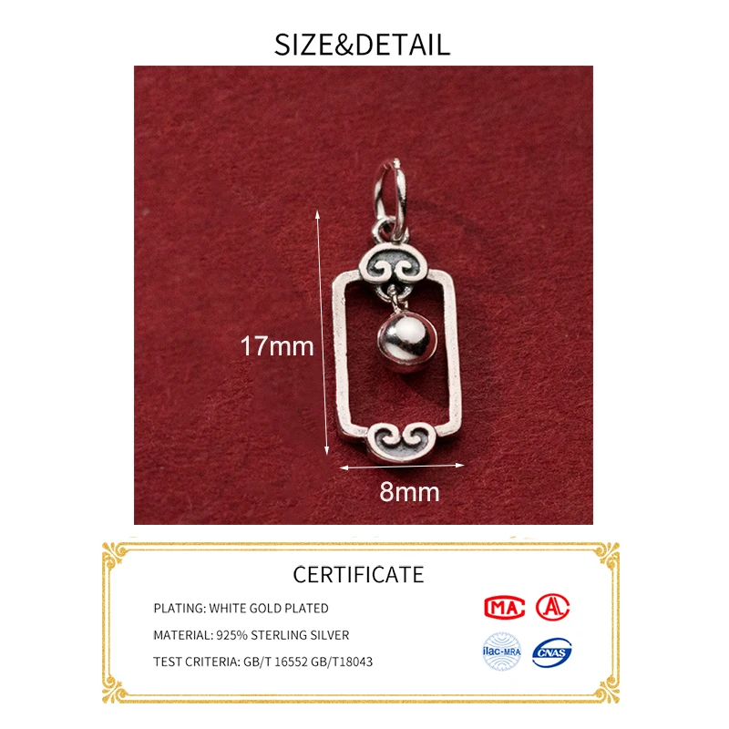 MEETSOFT S925 Sterling Silver Hollowed Out Ruyi Bell Square Plaque Pendant Charms of DIY Handmade Bracelet Accessory Wholesale