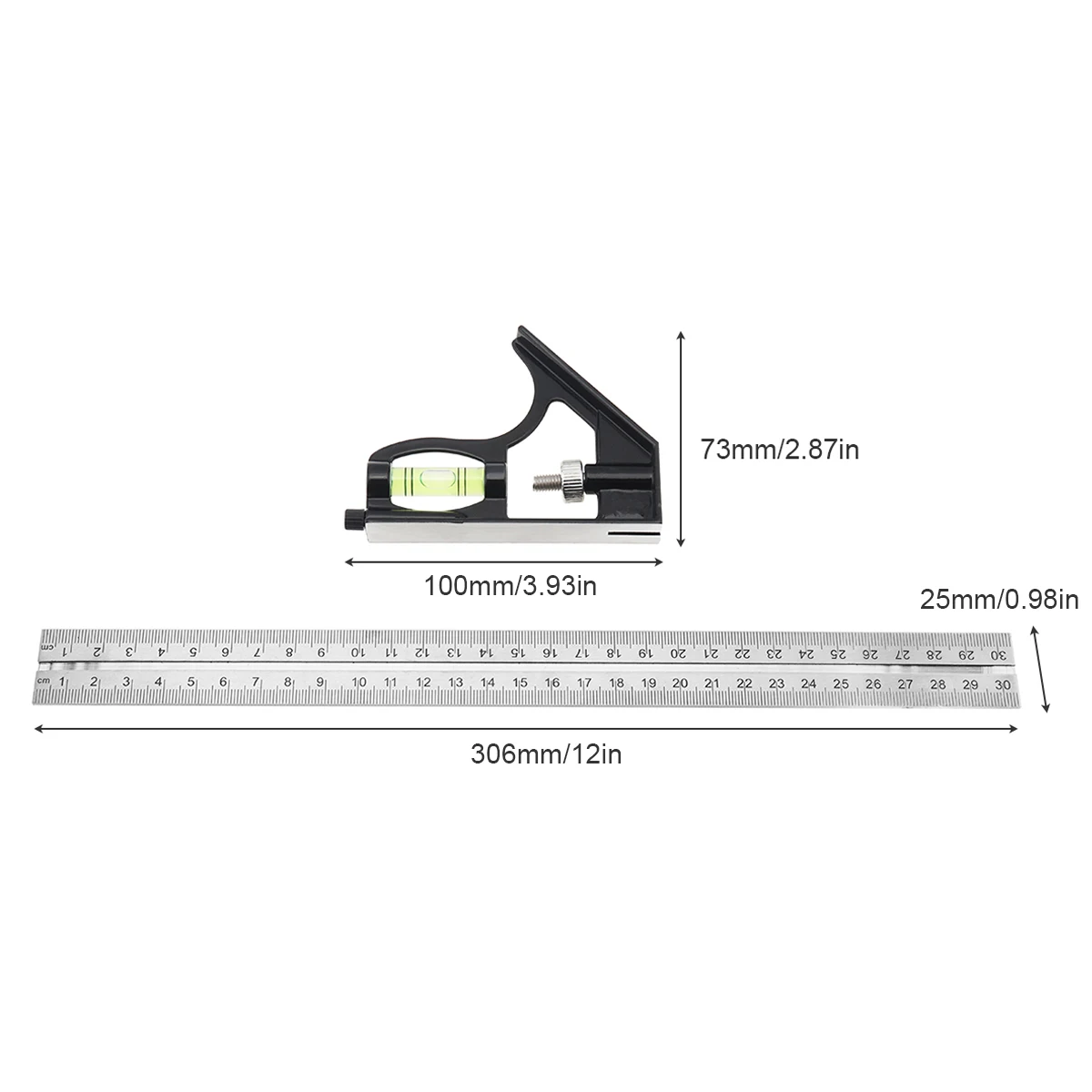 12 Inch 300mm Adjustable Stainless Steel Combination Angle Ruler 45/90 Degree With Bubble Level Measuring Tools