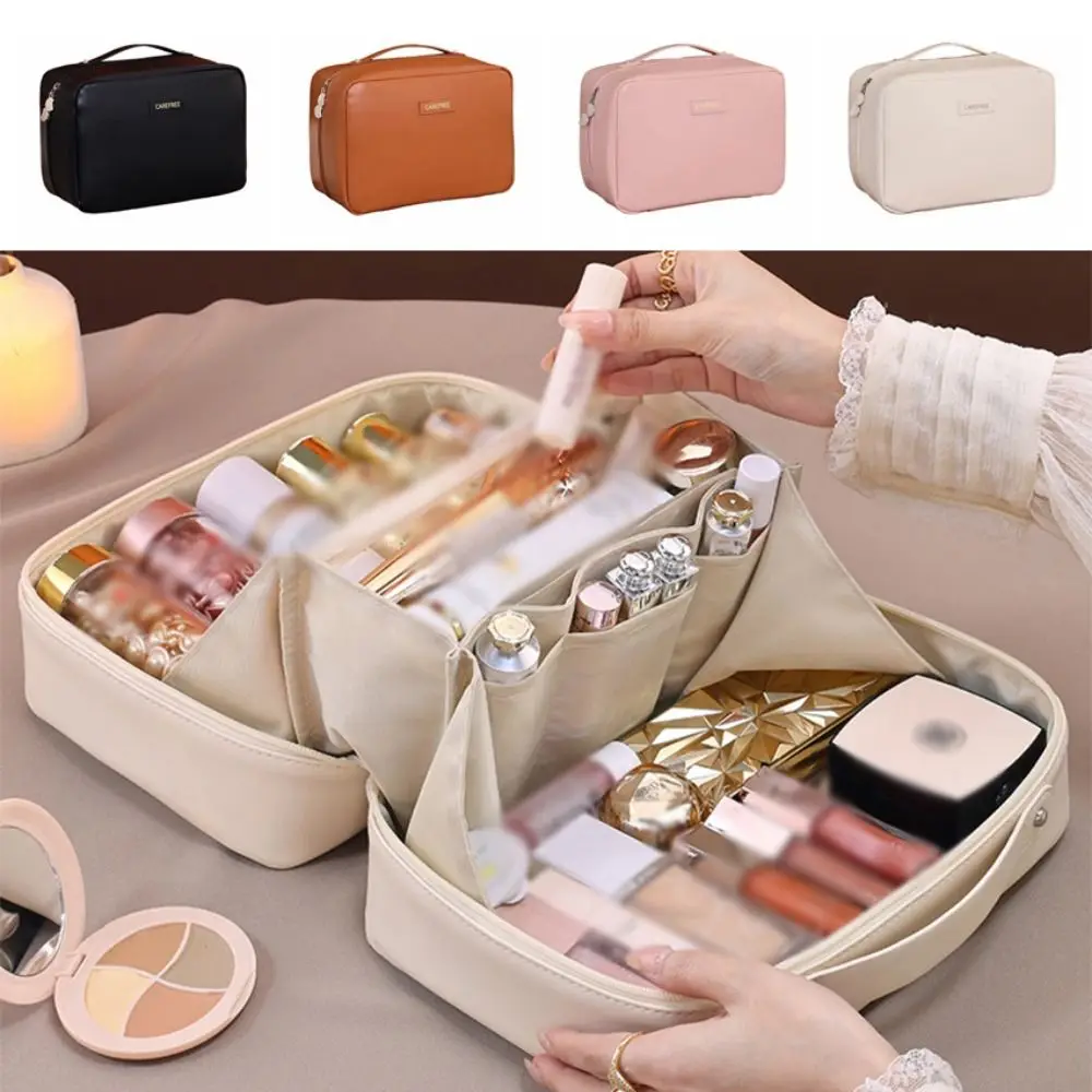 

Portable Women's Makeup Bag Waterproof PU Leather Cosmetic Storage Bag Dual Zipper Convenient Makeup Brush Organizer Makeup Tool