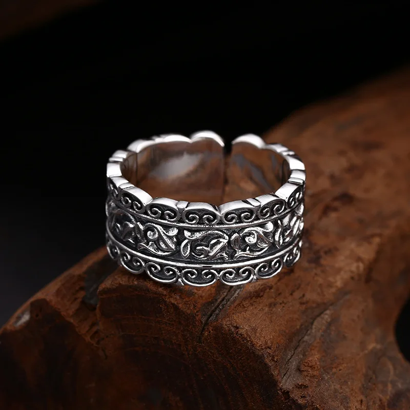 S925 Sterling Silver Vine Adjustable Ring Punk Style Hip Old Process Free Size Fine Jewelry FYRNG110