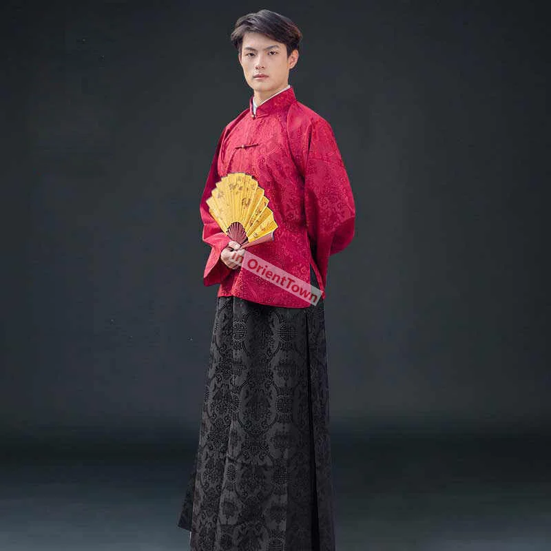 Mens Cotton Linen Gold Red Blue Black Mandarin Jacket + Long Robe Male AD 1900 - 1949 Traditional Chinese Streetwear Tang Suit