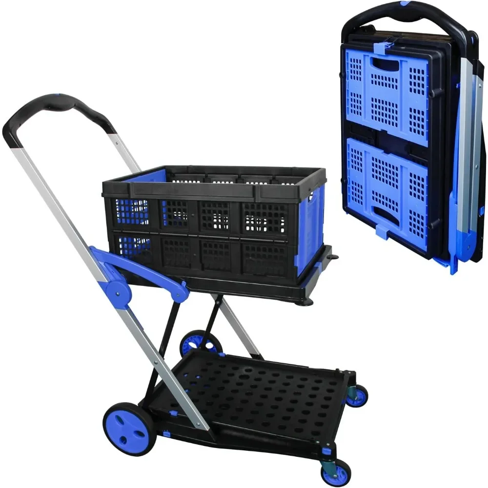 Folding Shopping Cart, Two Tier Collapsible Cart with One Crate, Heavy Duty Utility Cart with 360° Rolling Swivel Wheels Trolley