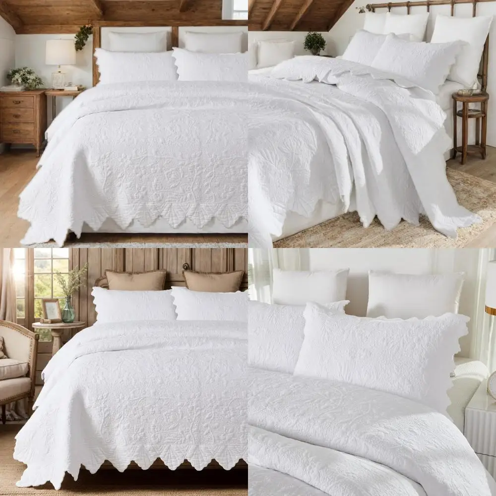 

Full Size Brandream White Cotton Matelasse Quilt Set with 3-Piece Oversized Bedspreads for Farmhouse Style