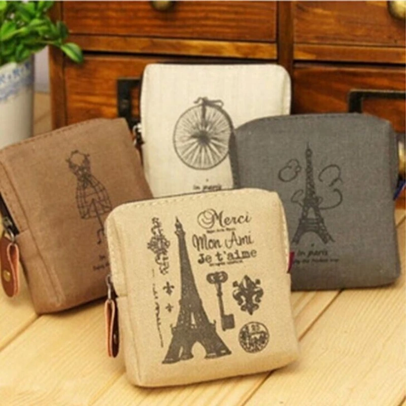 Retro Paris Coin Wallet Change Bag Canvas Coin Bag Zipper Money Key Earphone Line Mini Coin Pouch Cute Purse Wired Headset Bag