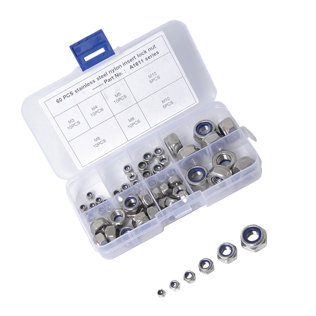 Stainless Steel M3-M10 Nylon Insert Nuts Assortments 60PCS