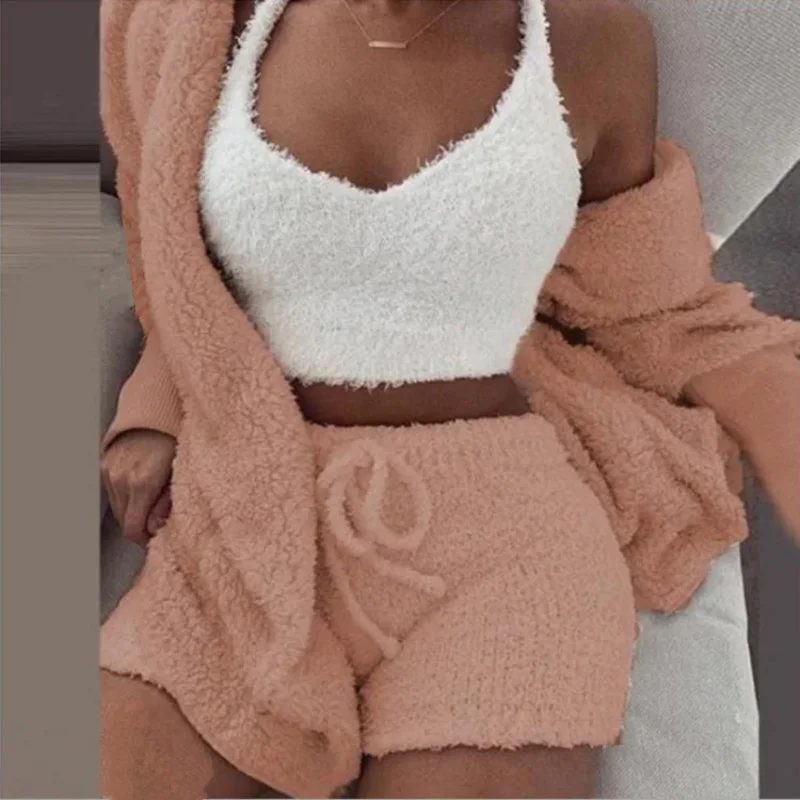 Winter plush home wear casual 3-piece pajama Korean fashion autumn clothes women cardigan Harajuku sweater tops trendy