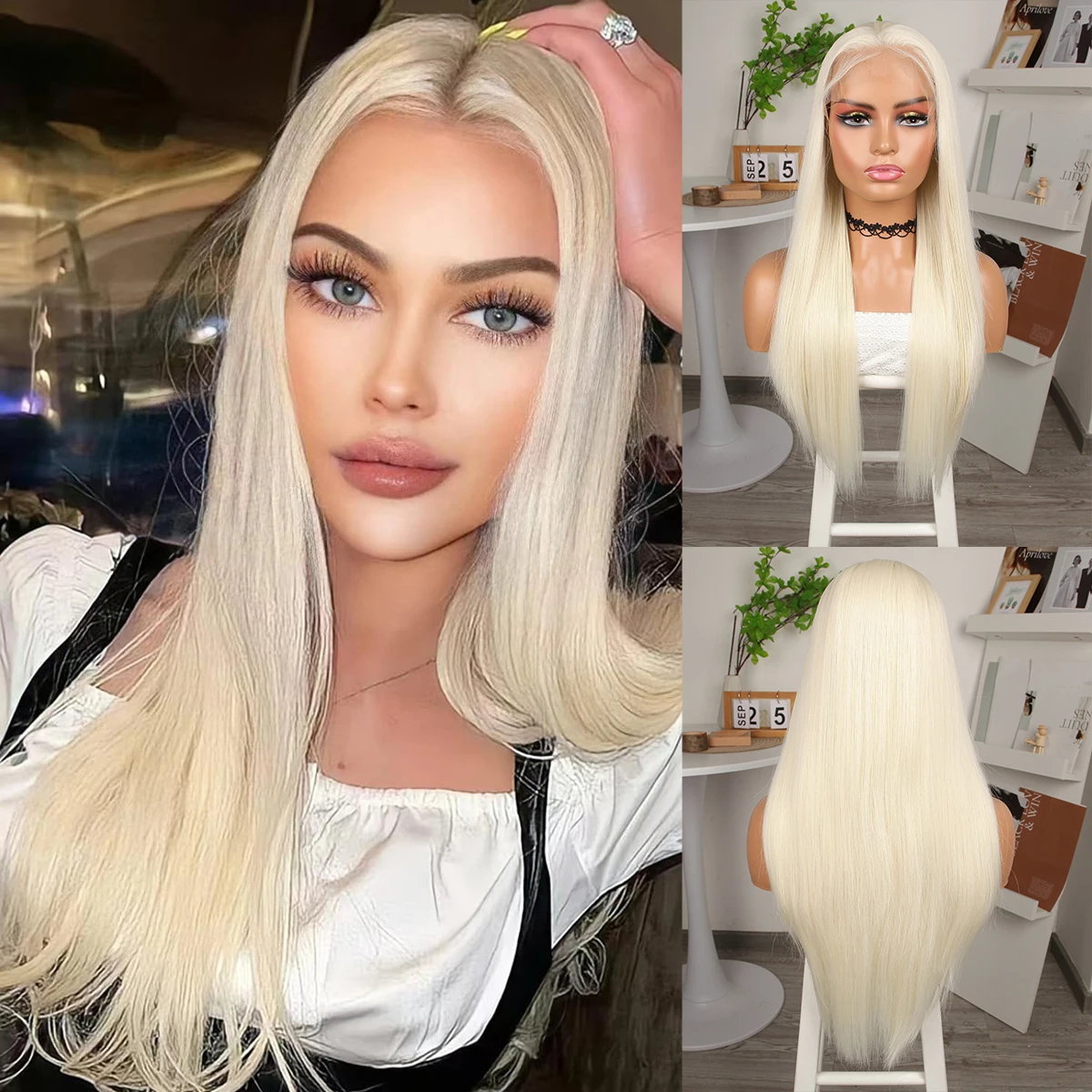 13*4 Lace Front 150 Density 26inch Synthetic Lace Wigs Straight hair Wig Gold Fancy Glamorous Silky Daily Versatile Style