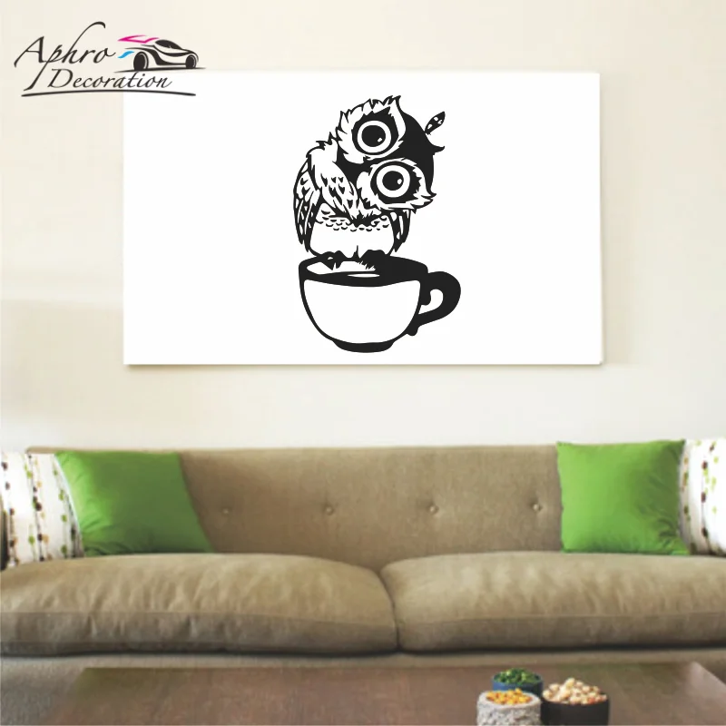 

Cute Cartoon Owl In The Cup Wall stickers Coffee Decorative Decal For Kitchen Dining Room Vinyl Decals For Cafe Bar Home Decor