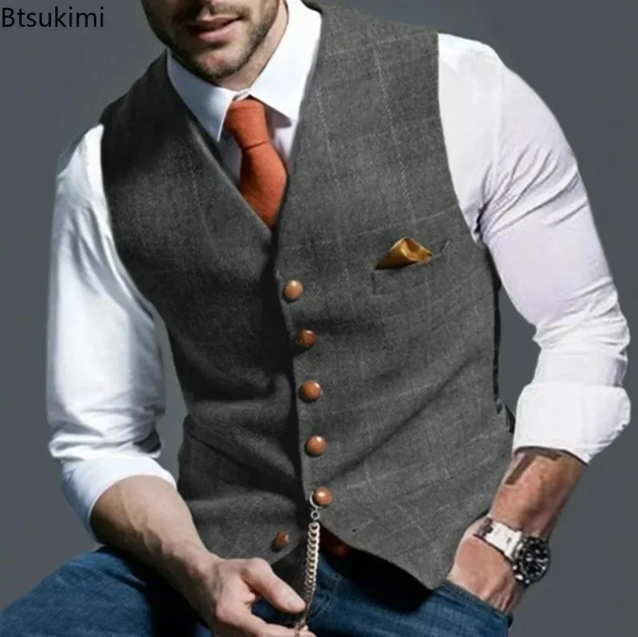 2024 Men\'s Formal Vests Lapel Tweed Plaid V-neck Waistcoat Slim Vest Business Formal Dress Suit Casual Wedding Tuxedo Male Vest