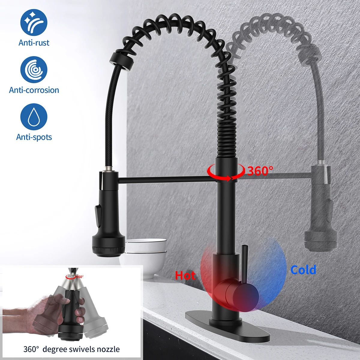 1 Juego de grifo de resorte extraíble giratorio y extensible de doble salida fría y caliente de acero inoxidable 304 adecuado para Cocina