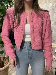 Korean Elegant Crochet Knit Cardigan Sweater Women Solid Fashion Crop Tops Knitwear Long Sleeve Single-breasted Jumpers 2024