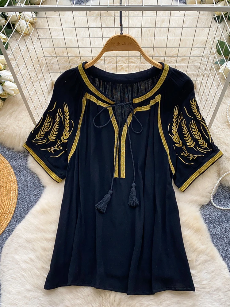 

Women's Blouse Summer Embroidered Short Sleeve Tassel Shirt Casual Loose Flowy Tops Fringe Trim Female Blusa Pullover BL410