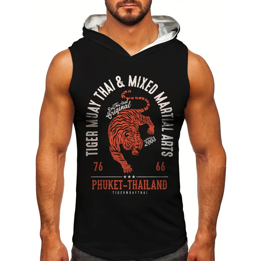 Men's Tiger Muay Thai Mixed Martial Arts Sleeveless Hoodie Quick Drying Breathable Gym Tank Top MMA Boxing Training Hooded Tank
