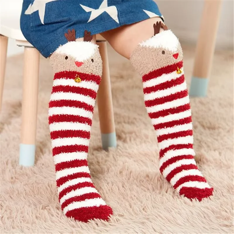 

Christmas Children's Socks For Girls Boys Coral Fleece Kids Striped Long Socks Winter Warm Stockings New Years One Size 2-8Years