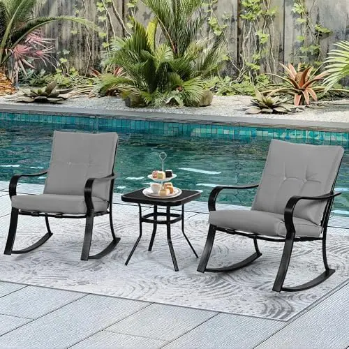 3 Piece Patio Bistro Set Outdoor Rocking Chairs Set, Porch Patio Conversation Chairs Set of 2 with Glass-Top Coffee