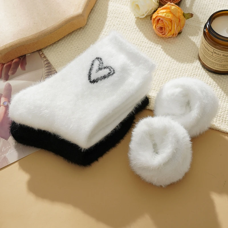 Women Winter Warm Fluffy Socks Love Solid Color Fuzzy Socks Female White Thick Home Floor Sleep Socks