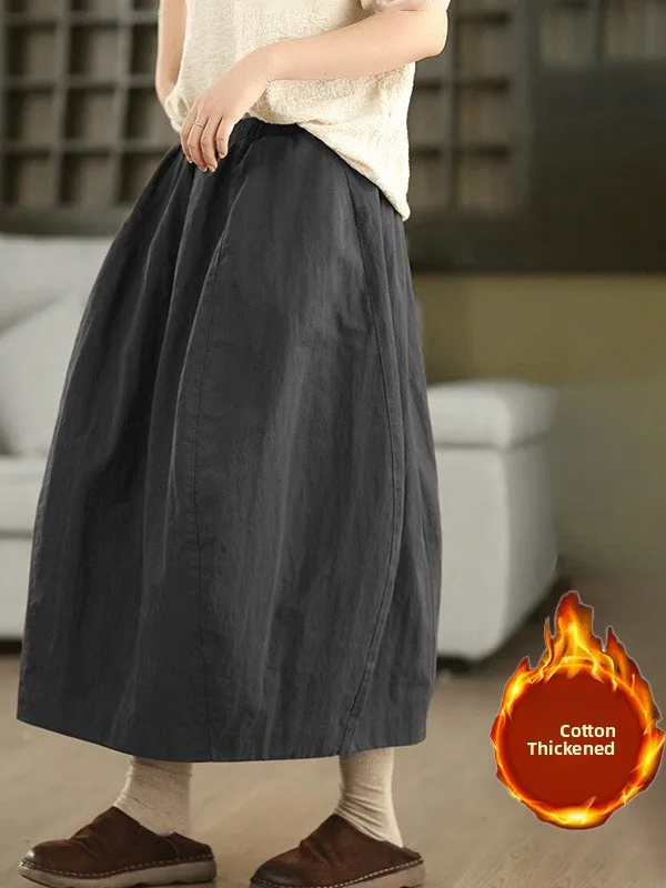 

Retro Thiened Artistic Flower Bud Skirt Midi f-length Autumn Winter Faionable Women's Skirt High Waist Elastic Waist