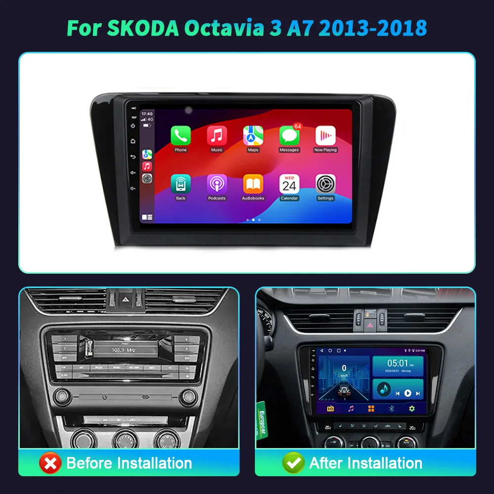 Android 14 For SKODA Octavia 3 A7 2013-2018 Car Radio Multimedia Automotiva Video Player Navigation 4G GPS CarPlay Touch Screen