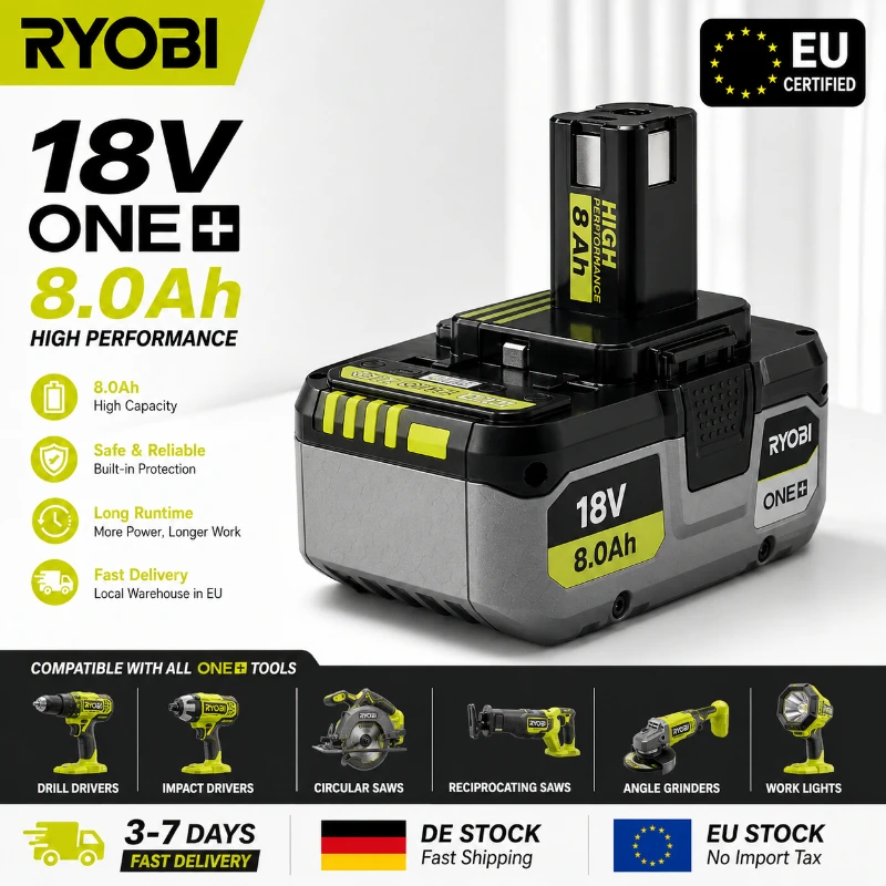 Akumulator zamienny Ryobi ONE+ 18V 8.0Ah Li-ion, szybka dostawa w UE, kompatybilny z P102 P103 P104 P105 P107 P108 P190