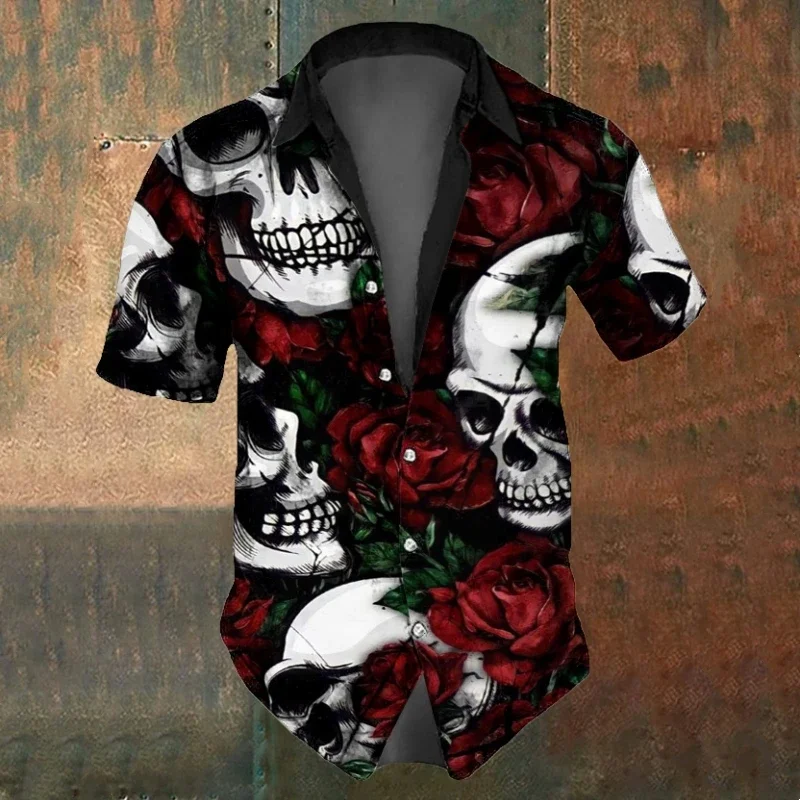 Camisa de manga curta estampada com caveira masculina, blusa larga com lapela larga, preto e branco, roupa casual de verão