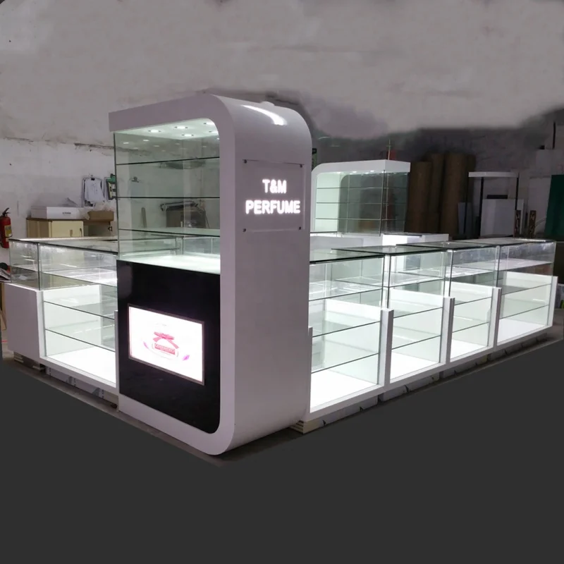 

Custom. Glass Showcase for Fragrance Oil Store Furniture Perfume Display Counter Perfume Display Kiosk Design