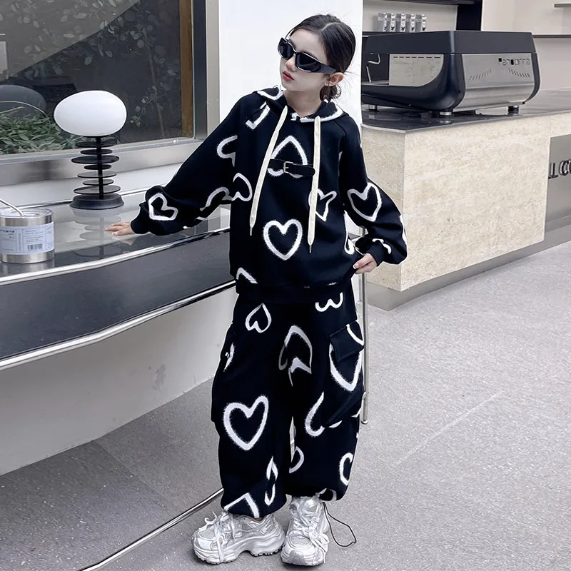 spring junior girls Love hooded clothes set Printed sweatshirt+sweatpants teen kid Hip-hop clothes suit child tracksuits outfits