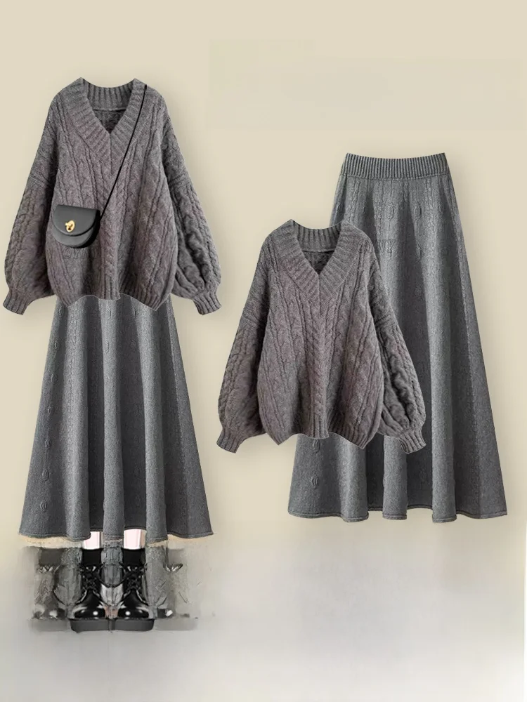

Мягкий уютный зимний модный комплект для женщин: свитер и юбка. Свободный вязаный комплект с V-образным вырезом, длинными рукавами и высокой талией, состоящий из двух предметов.