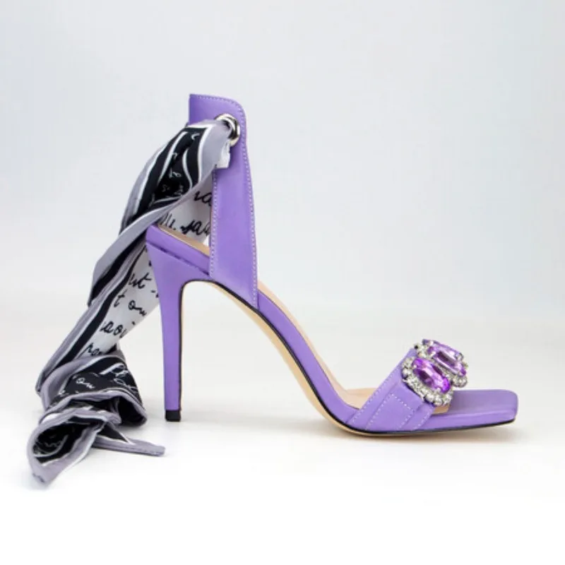 2024 Shiny Purple Gem Sandals Luxury Water Diamond Slim High Heels Lavender Satin Silk Ribbon Banquet Summer New Sandals 36-41