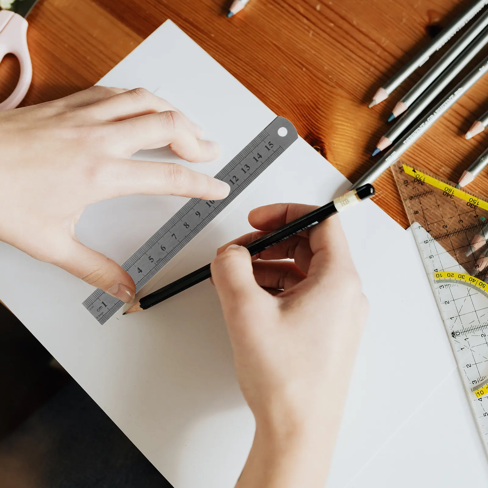 

2Pcs Stainless Steel Straight Ruler with Dual-Scale Measurement Tool for Art Architecture Student Stationery