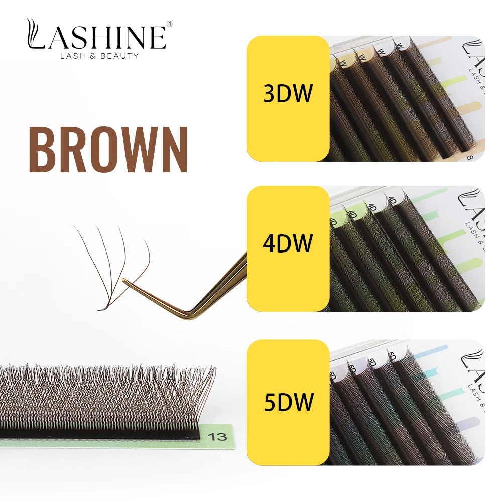 Lashine 4D W على شكل رمش تمديد Cilios Brown 4DW 0.07mm D Curl Mix (8-14mm) حجم الرموش مع ملحقات الرموش