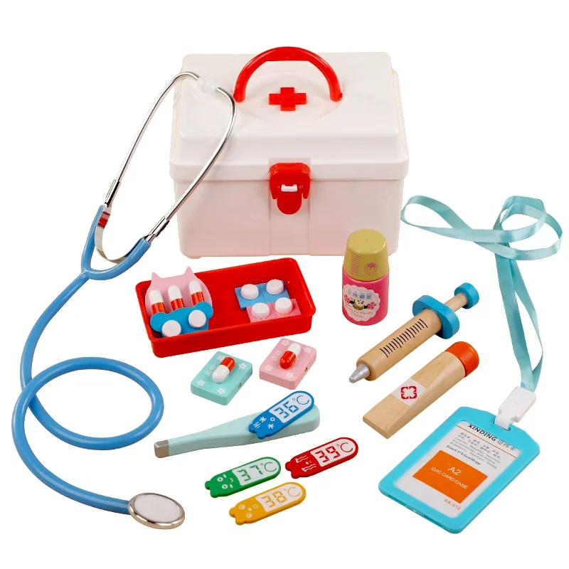 Giochi di finzione in legno Giocattoli educativi da dottore per bambini Simulazione medica Set di cassette per medicinali Giochi di ruolo Finta