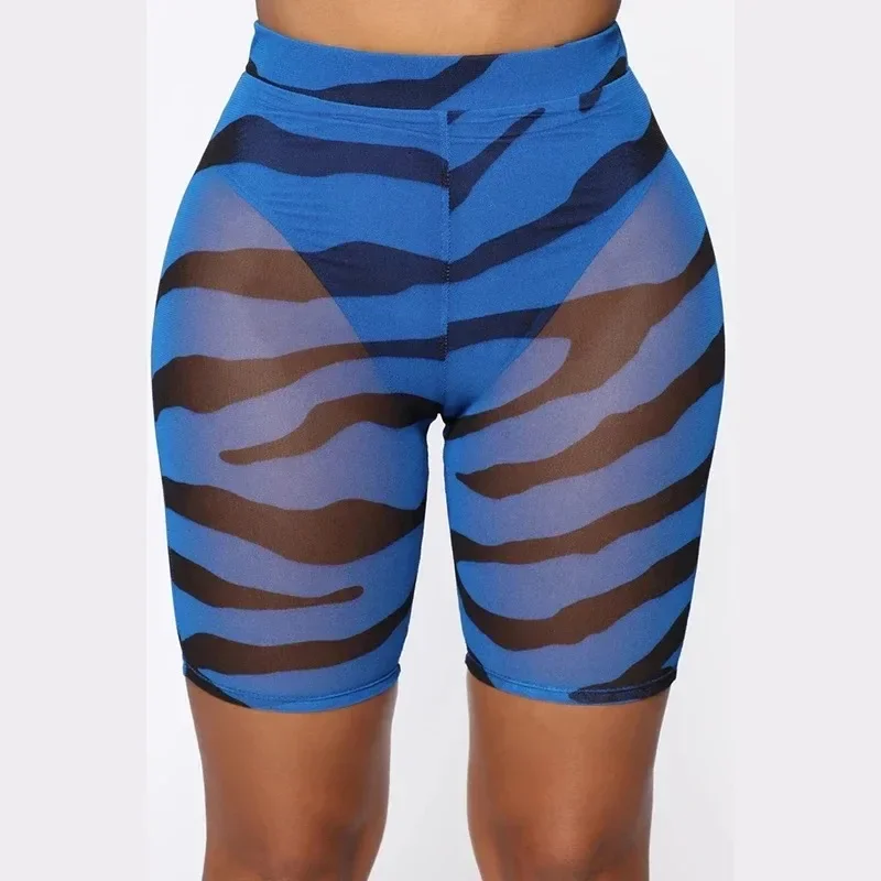 2024 New Fashion Neon Color Women's Mesh Zebra Print Shorts Ladies Sexy Clubwear Sheer Mesh See Through High Waist Shorts MYQH07