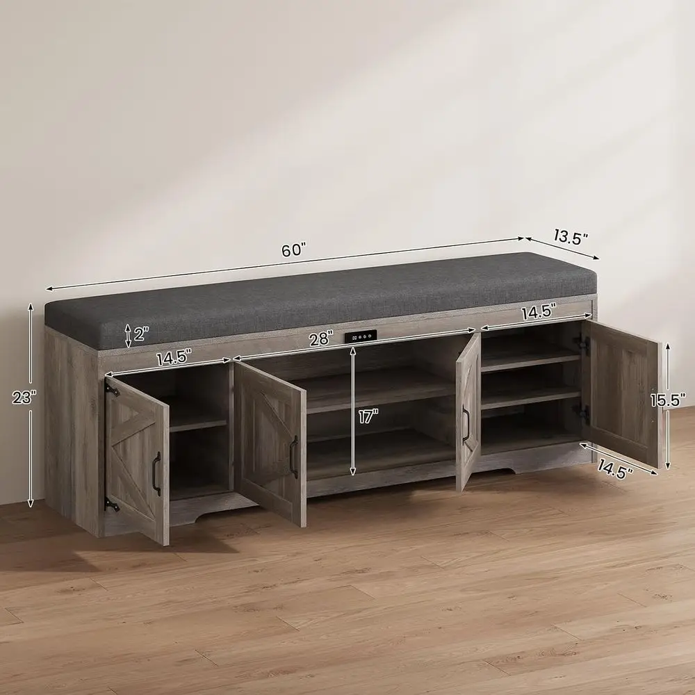 60“ armhouse Shoe Storage Bench with Deodorizing, Entryway Storage Bench with Cushion Seat, 4 Doreestanding Hidden Shoe Rack, Ad