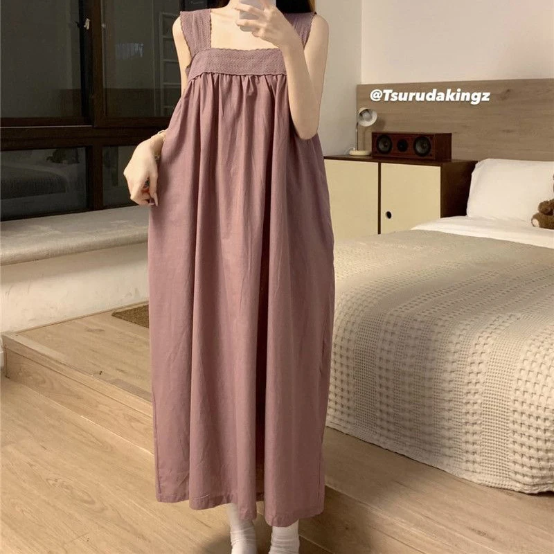 

Women Nightgown Spaghetti Strap Sleepwear Korean Night Dress Solid Nightwear Summer One Piece Pajamas Sleep Slash Neck Home Wear